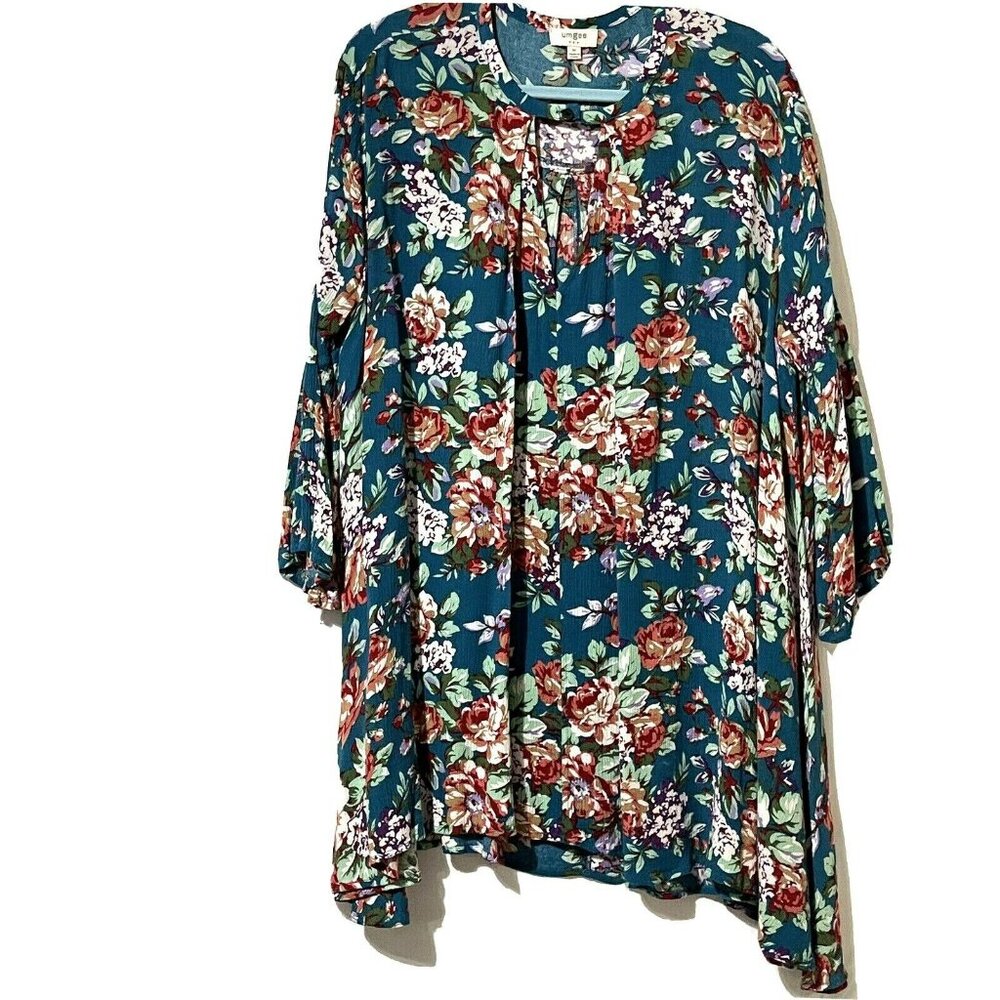 Umgee Womens Size M Teal Floral 3/4 Sleeve Tunic Top
